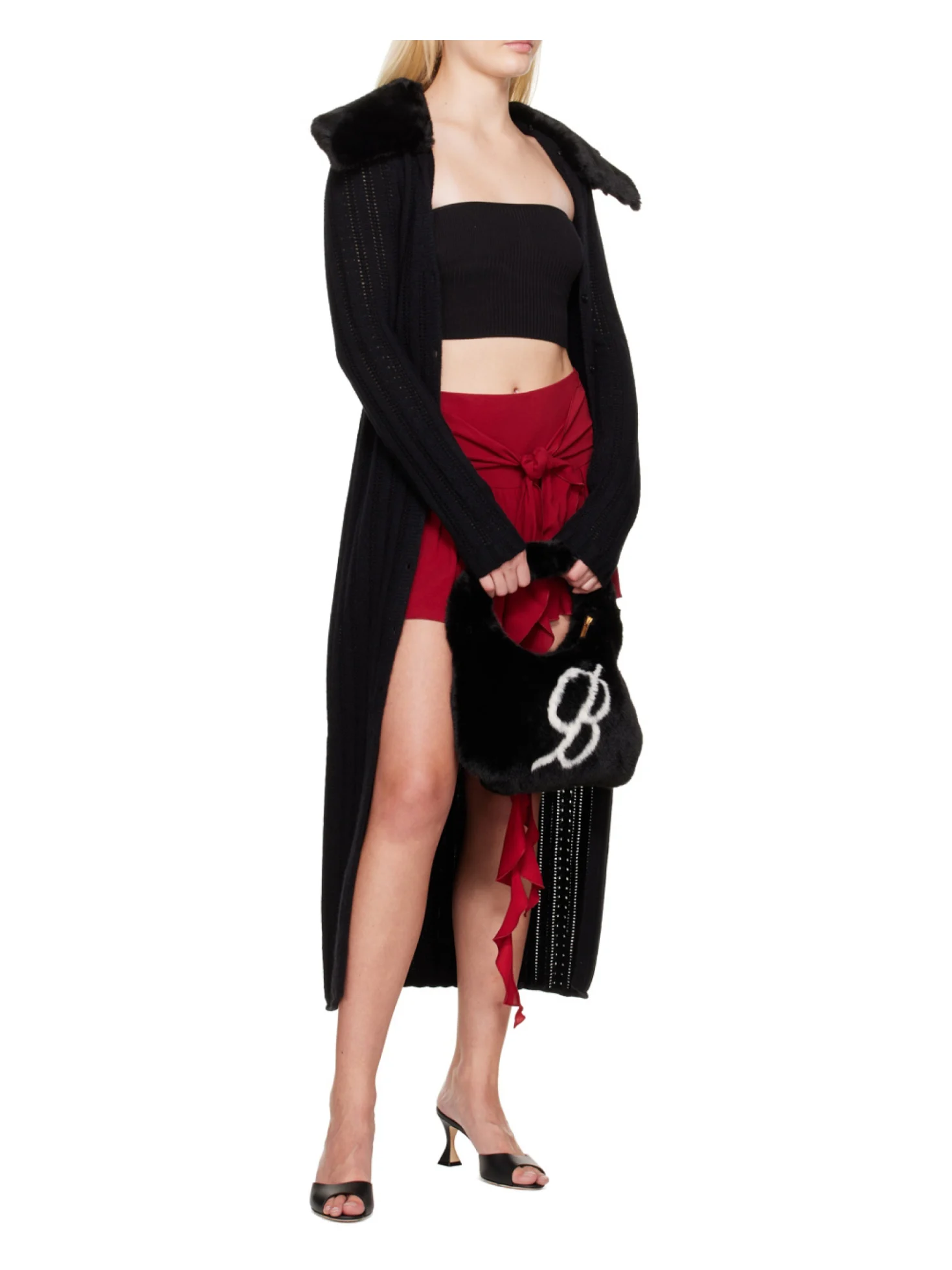 blumarine knitted midi dress with eco-fur collar